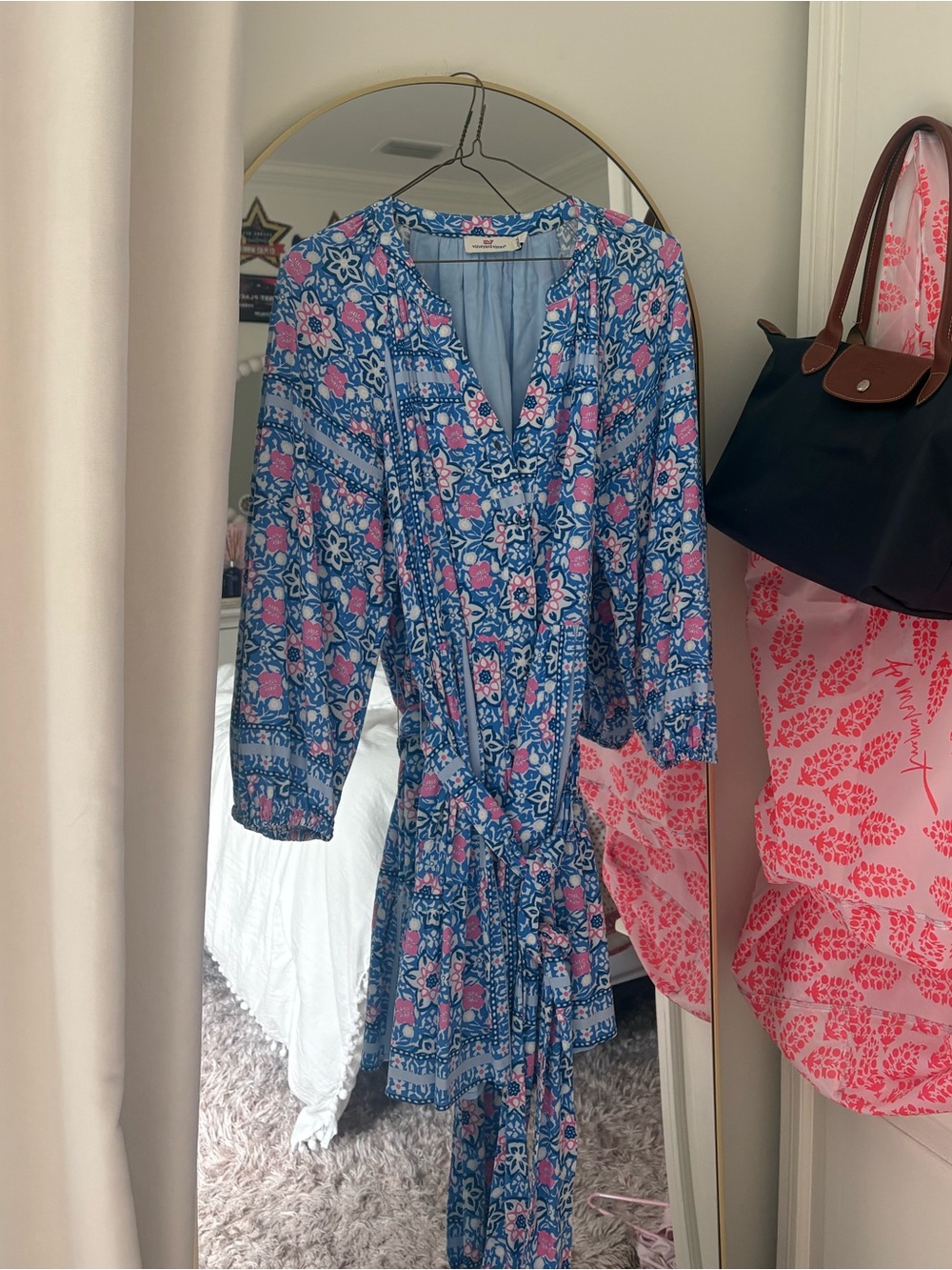 Vineyard Vines Blue Floral Wrap Midi Dress with Pink Flowers